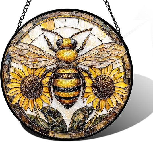 Stained Glass Window Hanging - Bee Sunflower Yellow Suncatcher Ready to Hang Window Doors Home Decoration and Christmas, Mother's Day Birthday Gifts for Women, Men, and Mom 9.8x9.8 in