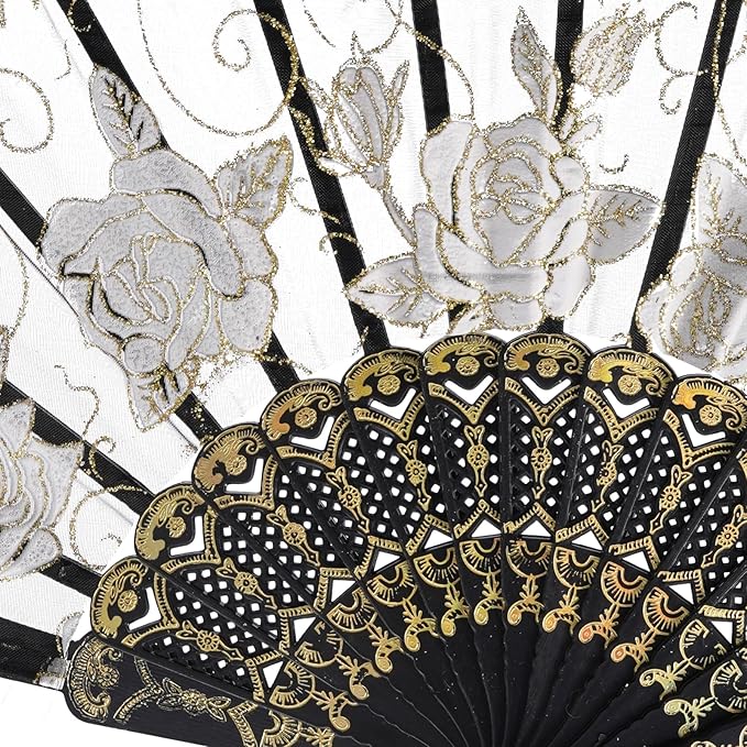 QIRMIZI 30pcs Silk Folding Hand Fans, Silk Fans,Black Rose Fans, Perfect for Weddings, Parties, and Dancing,Black