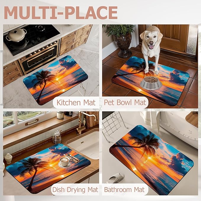 Tropical Palm Bathroom Rugs,Bath Mats for Bathroom,Sunset Sea Beach Low Pile Absorbent Bath Mat,Rubber Backing Non Slip Washable Thin Quick Dry Door Mat 17x29.5 Inch