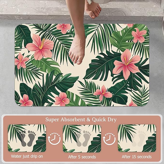 Tropical Leaves Bath Mat,Pink Flower Diatomaceous Earth Bath Mat,Rubber Backing Quick Dry Absorbent Washable Bathroom Rugs for Tub Non Slip 17"x29.5"