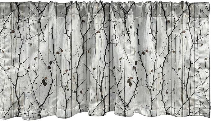 Ambesonne Farmhouse Window Valance Pack of 2, Autumnal Thin Tree Branches with Cocoa Tone Leaves on Rustic Back Print, Rod Pocket Curtain Valances for Kitchen Bedroom, 54" X 12", Off White Dark Brown