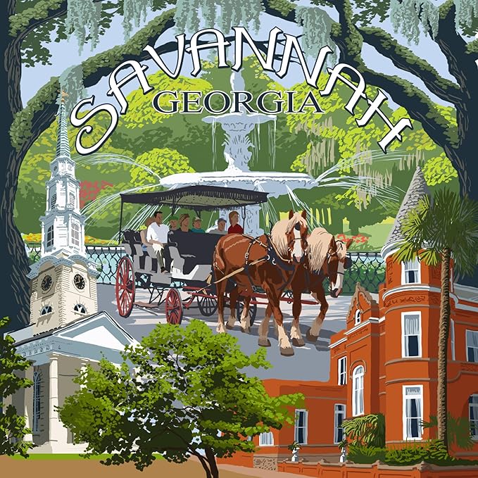 Lantern Press Savannah, Georgia, Town Views (Absorbent Ceramic Coaster, Single, Cork Back, Kitchen Table Decor)