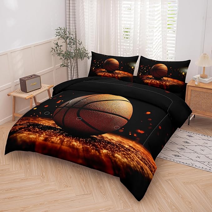 Helloosun 5PCS Basketball Bedding Full,Boys Sports Comforter Set,Full Basketball Comforter for Boys,Red and Black Court Bed Set