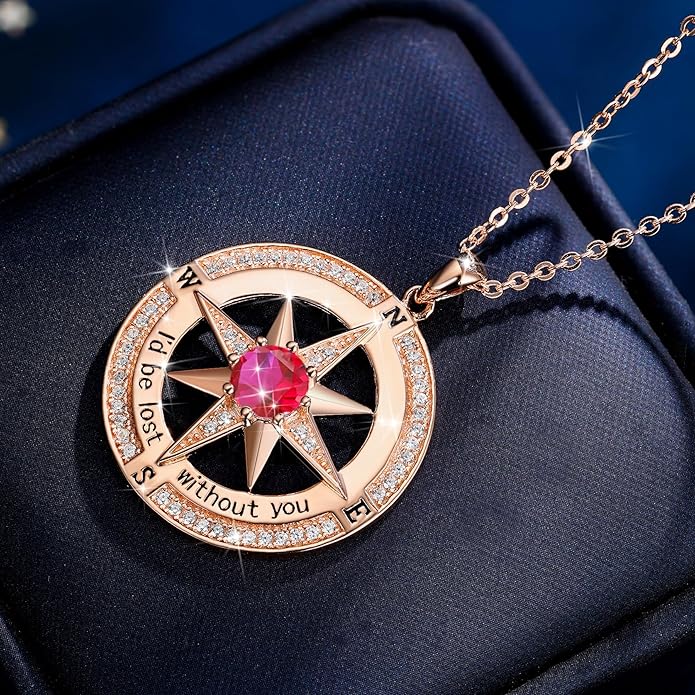 S925 Necklace Birthstone Compass Gift for Women Jewelry Sterling Silver Necklace for Wife Wedding Anniversary Girlfriend Birthday Gifts for Her Valentines Day Mom Mothers Day
