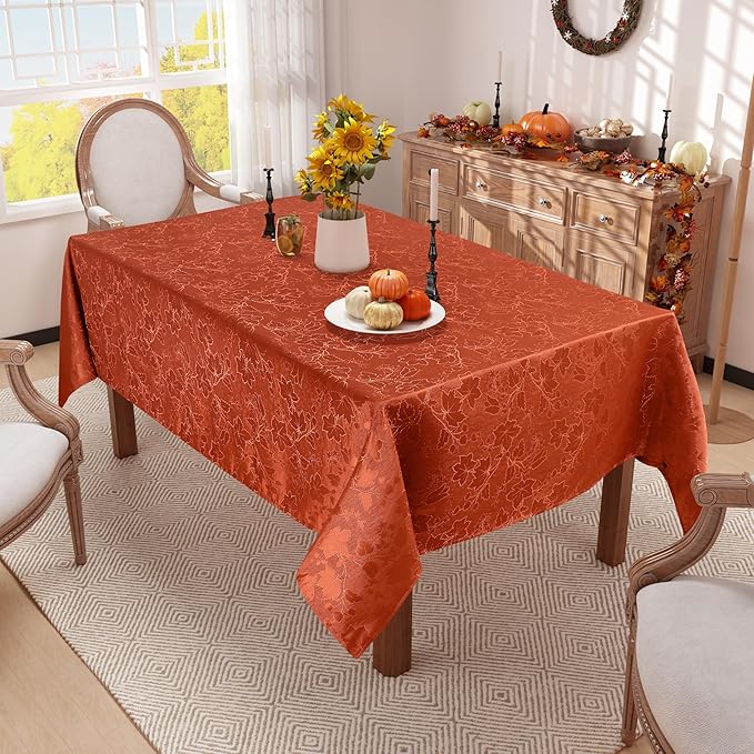 misaya Rectangle Thanksgiving Tablecloth, Waterproof Jacquard Fall Table Cloth, Damask Cloth Table Cover for Harvest Decor (52" x 70", Rust Maple Leaf)