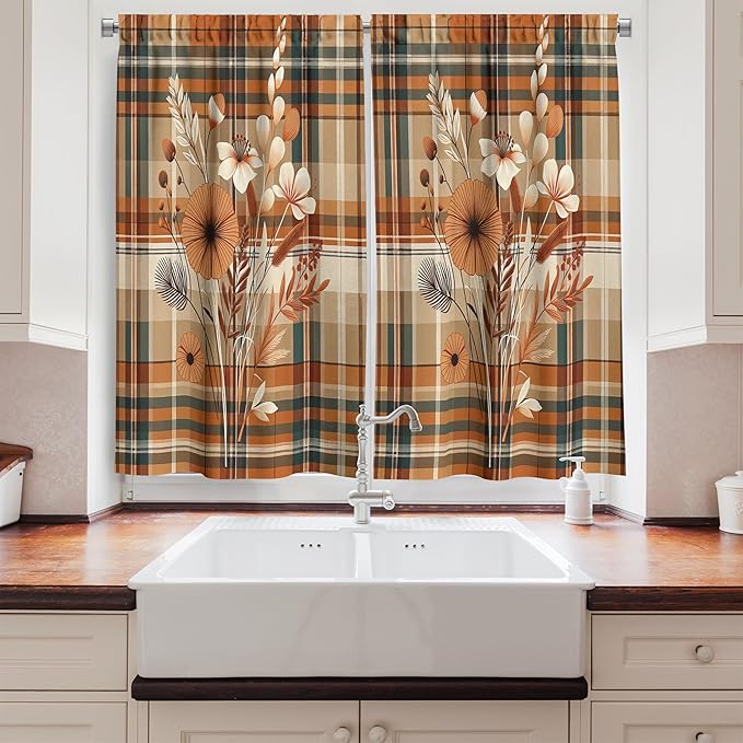 Ambesonne Modern Floral Kitchen Curtains, Autumn Harvest Tone Buffalo Plaid and Flower Huddle with Leaves, Window Drapes 2 Panel Set for Kitchen Cafe Decor, 55" x 24", Orange Tan Grey Teal
