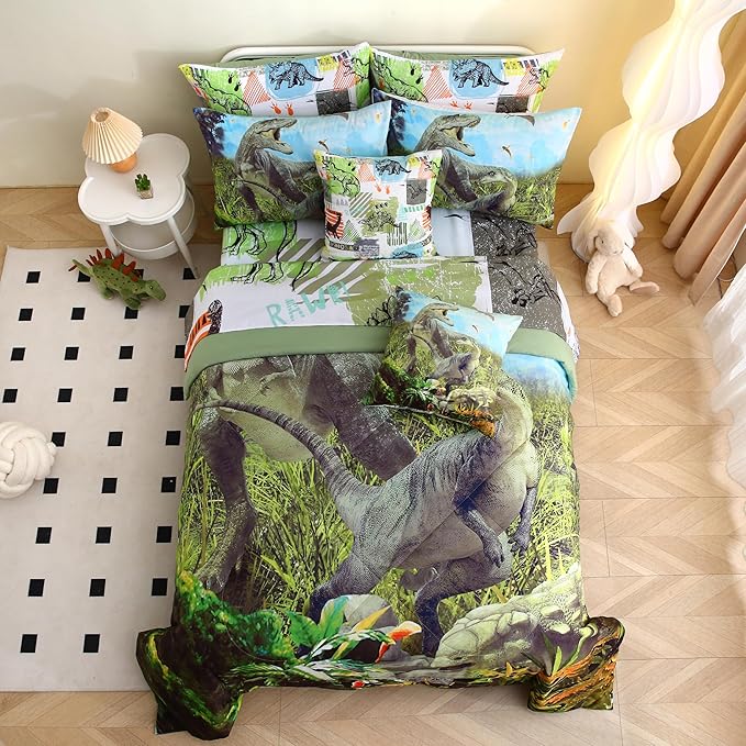 Queen Size Dinosaur Bedding Set for Kids - 9Pcs 3D Comforter Bed in A Bag for Teens Bedroom - 1 Comforter, 4 Pillowcases, 1 Flat Sheet, 1 Fitted Sheet, 2 Throw Pillow Cases