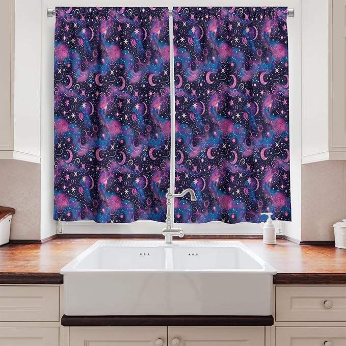 Ambesonne Psychedelic Art Kitchen Curtains, Abstract Modern Starry Sky with Moon and Paintbrush Dots Back, Window Drapes 2 Panel Set for Kitchen Cafe Decor, 55" x 30", Dark Night Blue Fuchsia