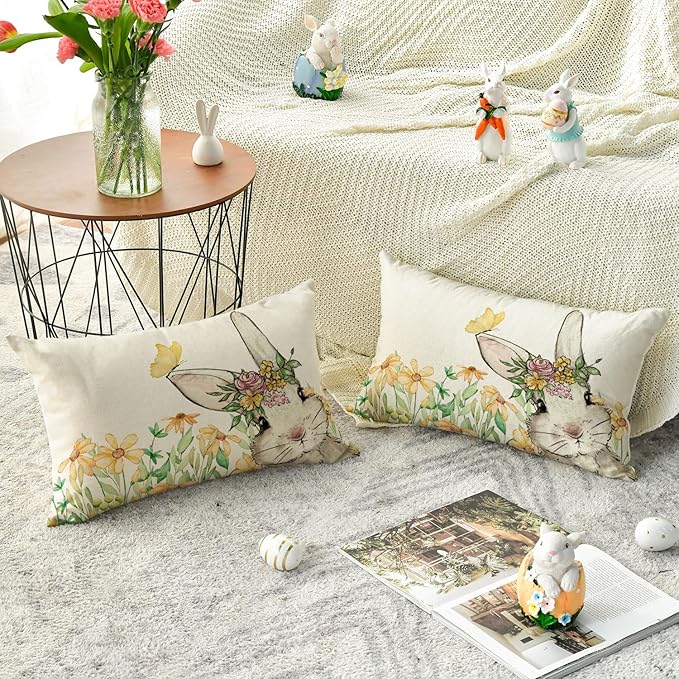 AVOIN colorlife Easter Yellow Floral Garland Bunny Throw Pillow Cover, 12 x 20 Inch Spring Rabbit Holiday Cushion Case Decoration for Sofa Couch Set of 2