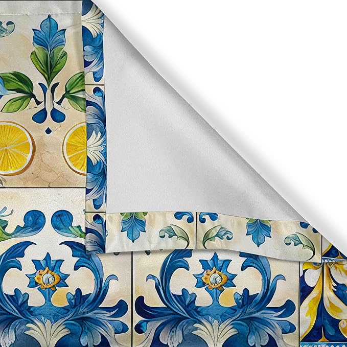 Ambesonne Mediterranean Window Valance Pack of 2, Checkered Abstract Modern Curlicue Leaves and Lemons Art Oriental, Rod Pocket Curtain Valances Kitchen Bedroom, 42" X 12",Blue Yellow and Green