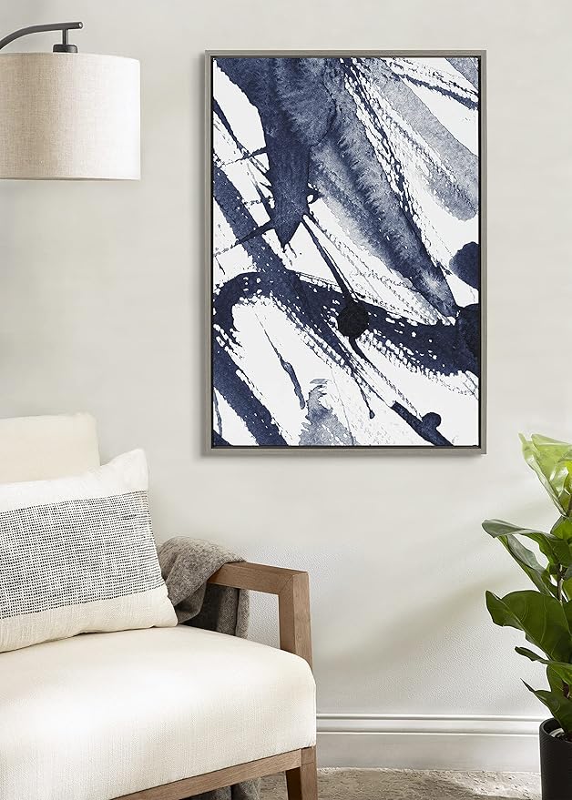 Kate and Laurel Sylvie Indigo Watercolor Framed Canvas Wall Art by Amy Peterson Art Studio, 23x33 Gray, Decorative Abstract Art Print for Wall