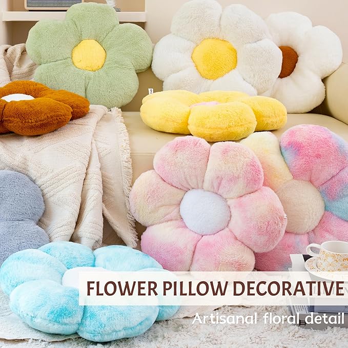 18” Blue Flower Pillow Flower Shaped Throw Pillow Colorful Smile Daisy Flower Pillows Seating Cushions for Adults Kids Throw Pillows Couch Decor