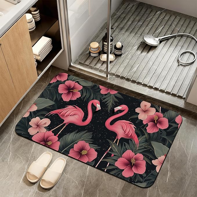Bath Mat,Pink Flamingos Bathroom Rugs,Quick-Drying Non-Slip Rubber Bath Mats Hibiscus Flowers Absorbent Diatomaceous Earth Mat for Bathroom Home Decor 17"x29.5"