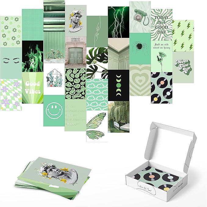 HAUS AND HUES Sage Green Wall Decor - Green Wall Art Aesthetic Posters for Wall Collage, Aesthetic Collage Kit Sage Wall Decor (4" x 6", Set of 30)
