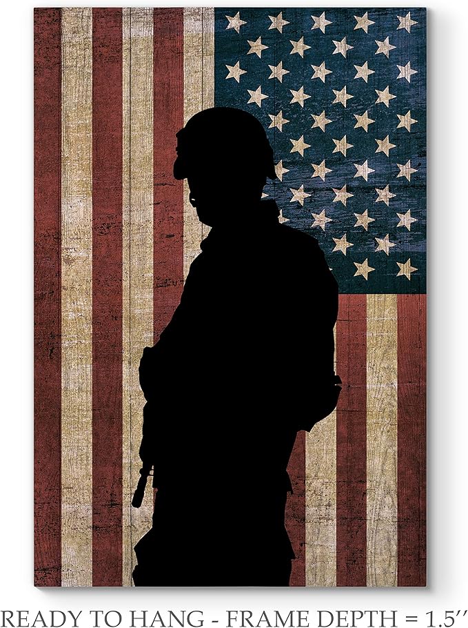 Renditions Gallery Canvas Figurative Wall Art Home Paintings Artwork Dark Veteran Silhouette Modern Black & White American Military Decorations for Office Bedroom Kitchen - 30"x40" LT25
