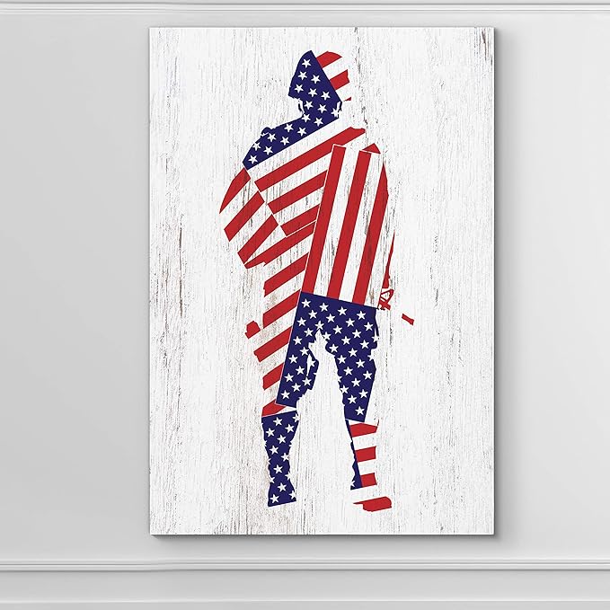 Renditions Gallery Canvas Patriotic Wall Art Home Paintings & Prints Draped American Flag Modern Soldier Canvas Wall Hanging Decorations for Bedroom Office Kitchen - 16"x20" LT25