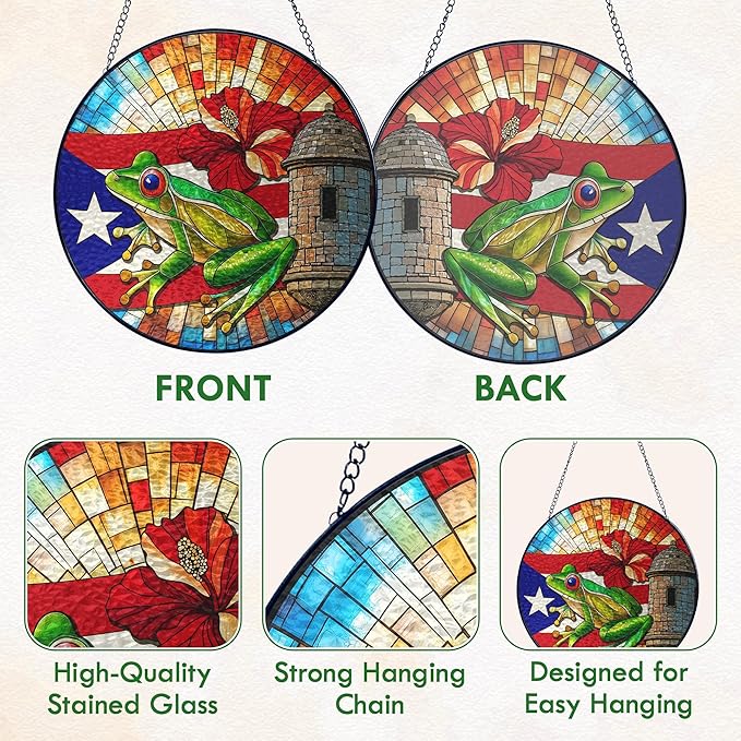 FLAGWIX Puerto Rico Gifts - Stained Glass Window Hanging 8 in for Home Garden Decor - Puerto Rican Gifts for Women Men, Coqui Sun Catchers Indoor Window, House Warming Gift for Mom Dad Friend