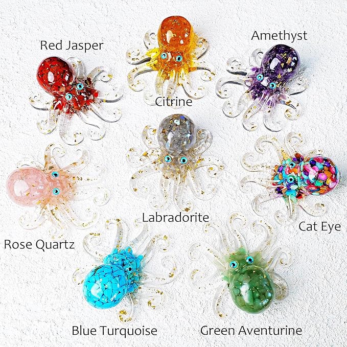 Natural Crystal Gravel Octopus Resin Marine Animals Fish Tank Decorative Ornaments Octopus Statue Healing Crystal Home Decor Ladies Gift 3.93" (Yellow, 3.93")