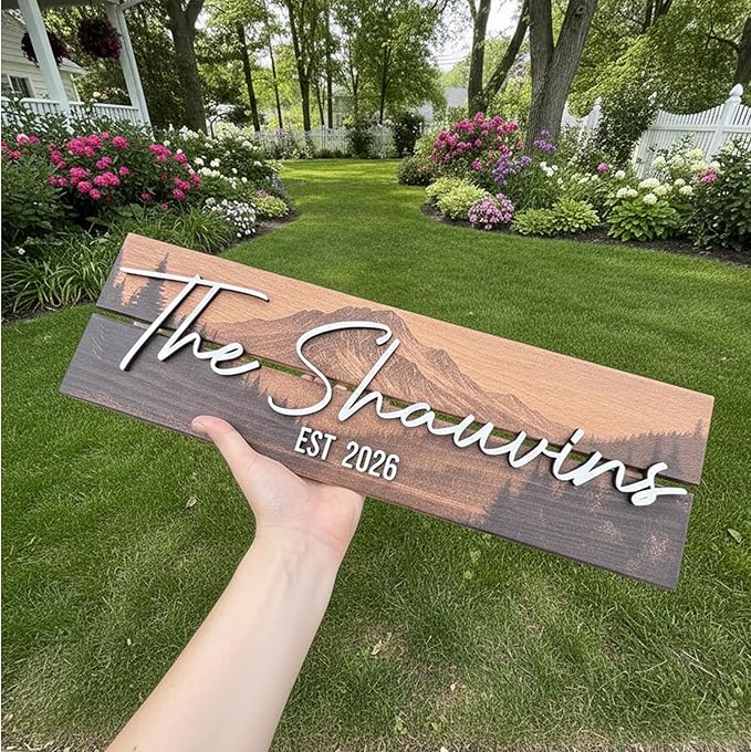 Custom Mountain Family Name Sign - Rustic Wood Wall Decor, Personalized Wedding & Gift for Couples Anniversary, Housewarming Gift for New Home (Small)