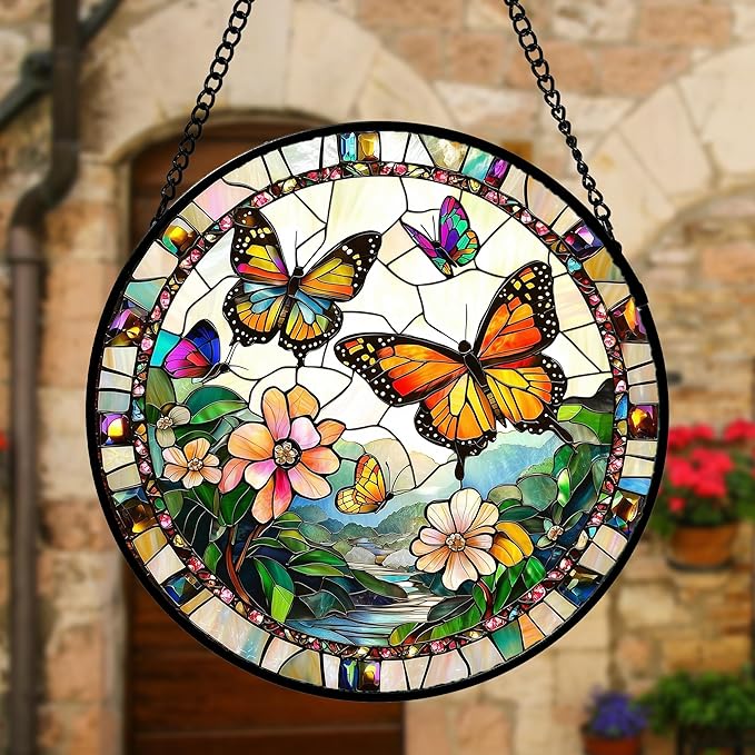 Stained Glass Window Hanging, Butterflies Flying in The Sky Suncatcher for Doors Home Sun Catchers Decoration and Christmas, Mother's Day Birthday Gifts for Women, Men, and Mom 9.8 in