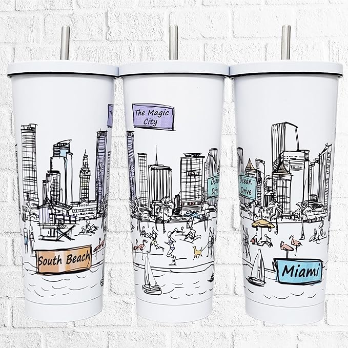 Cities Around the World 25 Oz Tumbler Series- Designed in the USA- Vacuum Insulated Tumbler with Lids Straw - Stainless Steel Coffee Water Travel Mug, Cup for Hot Cold Drink (Miami)