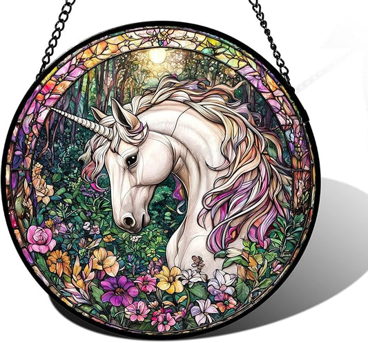 Stained Glass Window Hanging, Unicorn Flowers Suncatcher for Doors Home Sun Catchers Decoration and Christmas, Mother's Day Birthday Gifts for Women, Men, and Mom 9.8 in