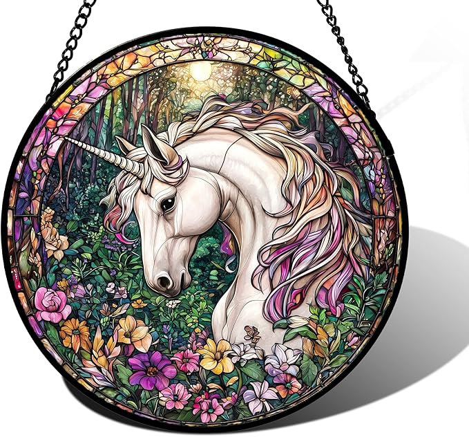 Stained Glass Window Hanging, Unicorn Flowers Suncatcher for Doors Home Sun Catchers Decoration and Christmas, Mother's Day Birthday Gifts for Women, Men, and Mom 11.8x11.8 in