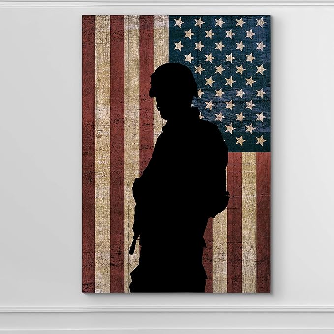 Renditions Gallery Canvas Figurative Wall Art Home Paintings Artwork Dark Veteran Silhouette Modern Black & White American Military Decorations for Office Bedroom Kitchen - 24"x32" LT25