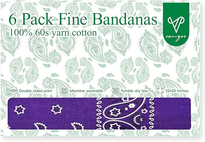 Vamqor Bandanas Gift Box 6 pack,Premium Super Soft 60s Cotton Paisley Bandannas Handkerchiefs for Men,Women and Kids