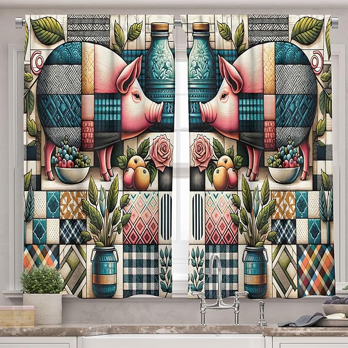 Ambesonne Farmhouse Valance & Tier Curtain 3 pcs Set, Bohemian Mosaic Style Pattern with Pigs Fruits and Botanical Motifs, Window Treatments for Kitchen Room Decor, 55" x 30", Teal Pink and Green