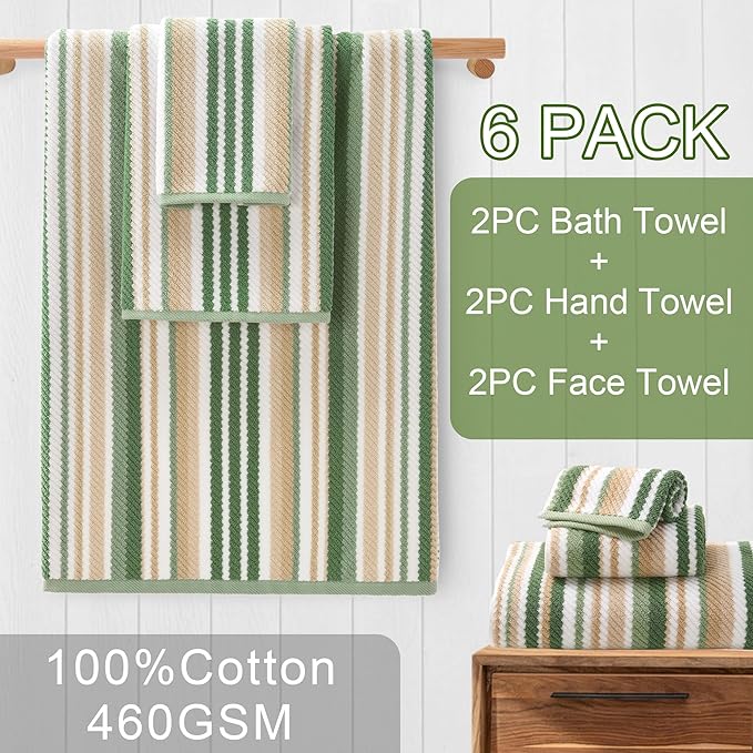 Green Striped Towels - 100% Cotton, Quick Dry, Soft & Absorbent, 6PC Luxury Towels Set (2 Bath 28"x52", 2 Hand 16"x27", 2 Wash Cloth 13"x13"), Stripe Shower Towel with Hanging Loop, Sage and Beige
