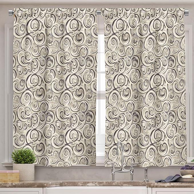 Ambesonne Abstract Valance & Tier Curtain 3 pcs Set, Modern Abstract Wind in The Desert Theme Swirly Illustration Print, Window Treatments for Kitchen Room Decor, 55" x 45", Dusk Dark Taupe Off White