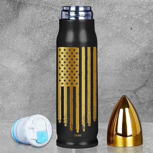 Black and Gold American Flag Stainless Steel Tumbler – 17oz Vacuum Insulated Tumbler – Patriotic Christmas, Birthday & Retirement Gifts for Veterans, Military, Police, Firefighters, USA Pride