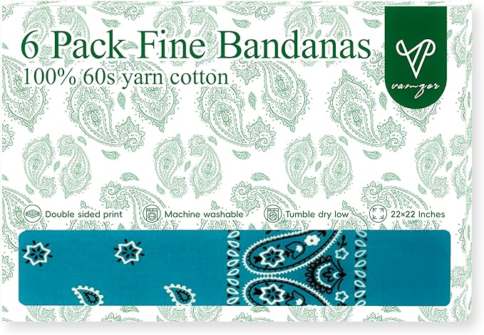 Vamqor Bandanas Gift Box 6 pack,Premium Super Soft 60s Cotton Paisley Bandannas Handkerchiefs for Men,Women and Kids