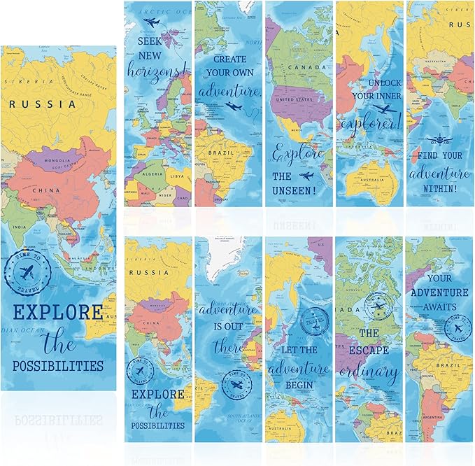 200 Pcs World Map Bookmarks, Bulk Geography Paper Bookmarks for Readers & Teachers, Classroom Decor, Reading Incentives, Travel Theme Bookmark Set for Women Men