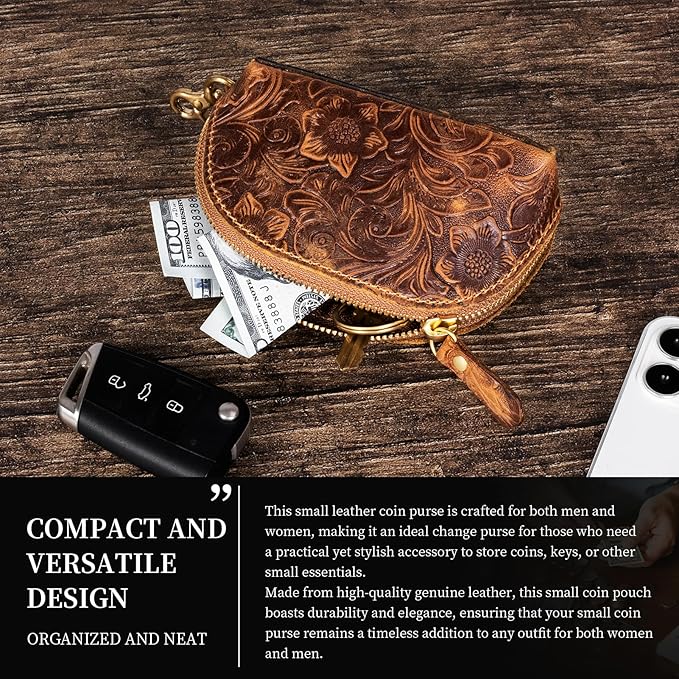 Gexmil Genuine Leather Coin Purse with Zipper, Full Grain Leather, Mini Coin Pouch for Women Men, Change Wallet,Floral Brown
