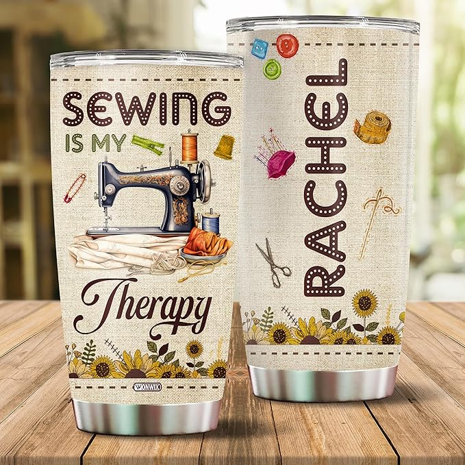 Personalized Sewing Gifts for Women Quilting Crochet Lover Mom Grandma Wife Her Stainless Steel Tumbler 20oz With Lid Sewing Therapy Travel Cup Coffee Mug Gift