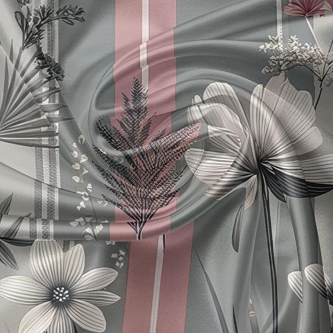 Ambesonne Floral Valance & Tier Curtain 3 pcs Set, Treasured Garden of Spring with Flowers and Calm Colored Tartan Plaid Pattern, Window Treatments for Kitchen Room Decor, 55" x 36", Pink and Grey