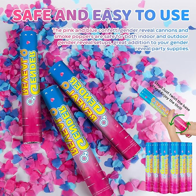 Gender Reveal Confetti Cannons – 6 Pack (3 Blue & 3 Pink) – Baby Gender Reveal Cannon Kit with Heart-Shaped Confetti – Easy Twist Party Poppers for Boy or Girl Baby Reveal Decorations