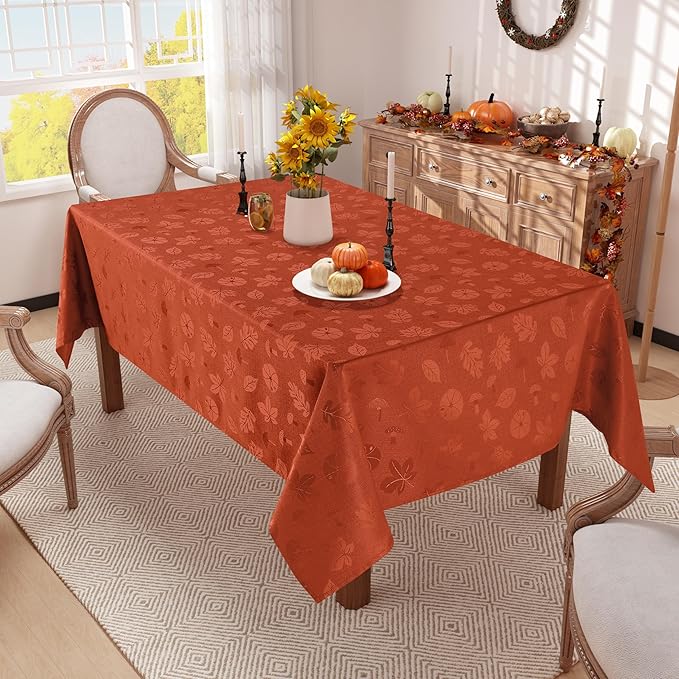 misaya Rectangle Thanksgiving Tablecloth, Waterproof Jacquard Fall Table Cloth, Damask Cloth Table Cover for Harvest Decor (52" x 70", Rust Leaves Pattern)