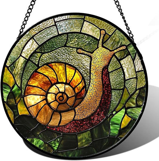Stained Glass Window Hanging, Green Orange Snail Sun Catcher for Door Home Decor Suncatcher Christmas Mother's Day Birthday Gifts for Women Men Mom and Nana 11.8 in