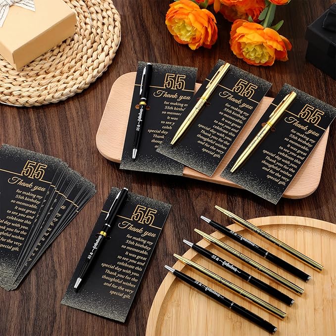25 Sets 55th Birthday Party Favors for Guests with Black and Gold Birthday Ballpoint Pens and Glitter Thank You Cards for Women Men Anniversary Party Appreciation Gifts