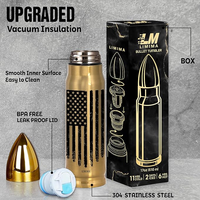 American Flag Stainless Steel Tumbler – 17oz Vacuum Insulated Tumbler with Black USA Flag Design – Patriotic Christmas, Birthday & Retirement Gifts for Veterans, Military, Police, Firefighters