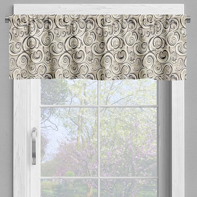 Ambesonne Abstract Valance & Tier Curtain 3 pcs Set, Modern Abstract Wind in The Desert Theme Swirly Illustration Print, Window Treatments for Kitchen Room Decor, 55" x 36", Dusk Dark Taupe Off White