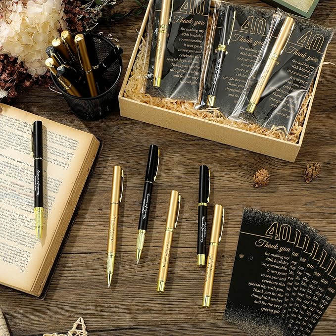 30 Set 40th Birthday Party Favor for Guest Anniversary Party Favor with Black and Gold Ballpoint Pens and Thank You Cards for Women Men Birthday Anniversary Appreciation Gifts