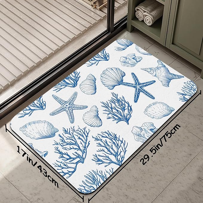 Vintage Starfish Bathroom Rug 29.5"x17", Shells Quick-Drying Super Absorbent Diatomite Bath Mat with Non-Slip Backing, Thin Washable Bathroom Floor Mat Fits Under Door for Shower, Sink, or Tub