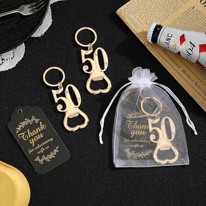 24 pcs 50th Gold Keychain Bottle Opener Birthday Party Favors for Guests,50th Beer Bottle Opener Favors Bulk for Birthday Anniversary Souvenirs Party Decor Supplies (Gold 50th)