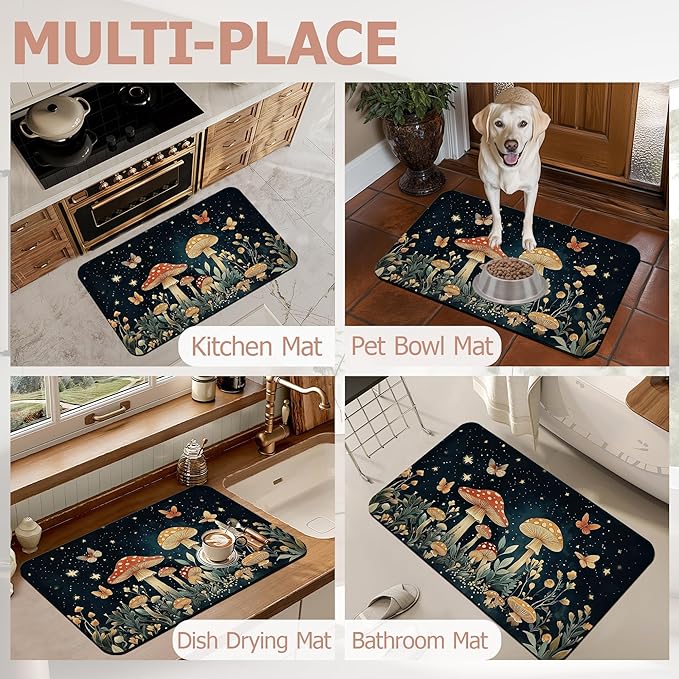 Diatomaceous Earth Bath Mat,Fantasy Mushroom Bath Rugs,Butterfly Stars Non-Slip Thin Absorbent Fast Drying Easy to Clean for Bathroom Laundry Home Kitchen Door Mat 17x29.5Inch