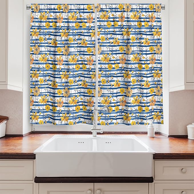 Ambesonne Floral Kitchen Curtains, Whimsical Flowers with Horizontal Brushstroke Stripes Maritime Print, Window Drapes 2 Panel Set for Kitchen Cafe Decor, 55" x 39", Mustard Cobalt Blue White