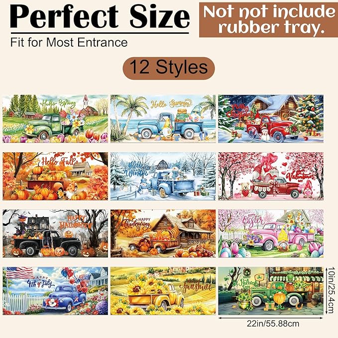 Nuanchu 12 Pcs Seasonal Door Mat Interchangeable Doormat Inserts Entrance Welcome Mats 22 x 10 Inches Non Slip Mats Gifts for Front Door Christmas Thanksgiving Decoration (No Frame)(Truck)